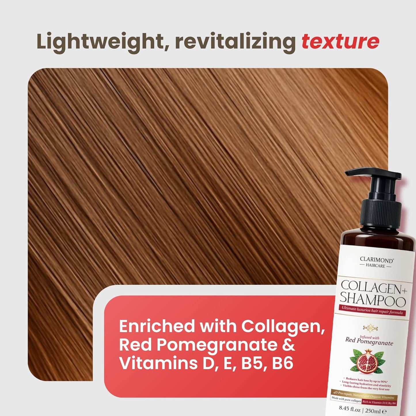 CLARIMOND Collagen Booster Hair Loss Treatment | Vitamin E Growth Shampoo | Hair Growth Vitamins for Curly, Thick, or Fine Hair | UV Protection | Hydrating & Strengthening | Paraben & Sulfate Free