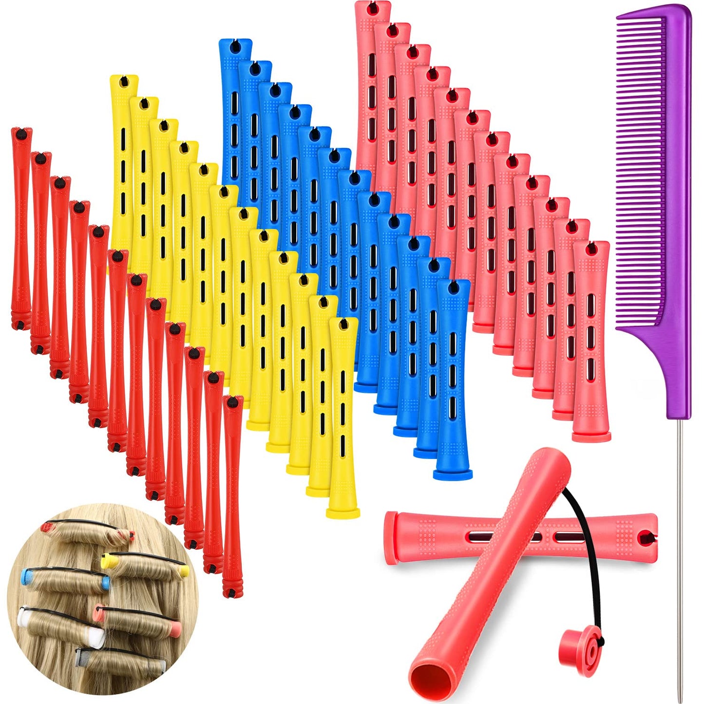 48 Pieces Hair Perm Rods Short Cold Wave Rods Plastic Perming Irons Hair Curling Rollers Curlers with Steel Pintail Comb Rat Tail Comb for Hairdressing Styling Supplies(Assorted Sizes,Multicolored)