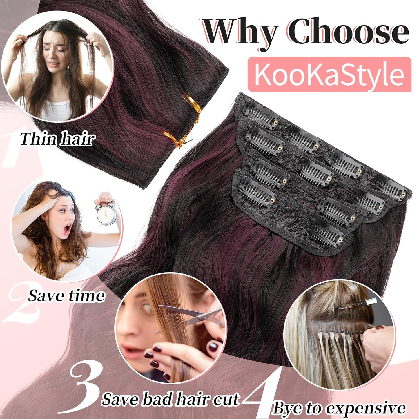KooKaStyle Clip in Synthetic Hair Extensions Long Wavy 4PCS Thick Hairpieces Burgundy mix Dark Brown Fiber Double Weft Natural Hair Extensions 20 Inch for Women
