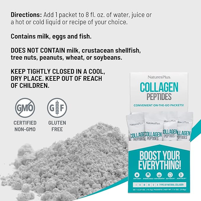 Natures Plus Collagen Peptides - 20 Stick Packets - Hair, Skin, Nail & Joint Health, Immune System Support - Non-GMO, Gluten Free - 20 Servings