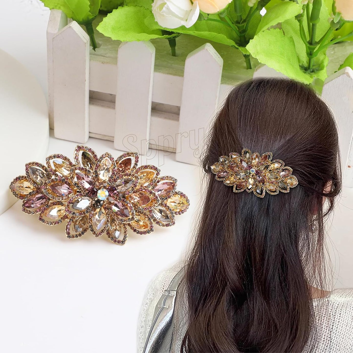 Luxury Gold-plated Rhinestone Hair Barrette for Women, Large Flower Jewelry Design (Colorful)