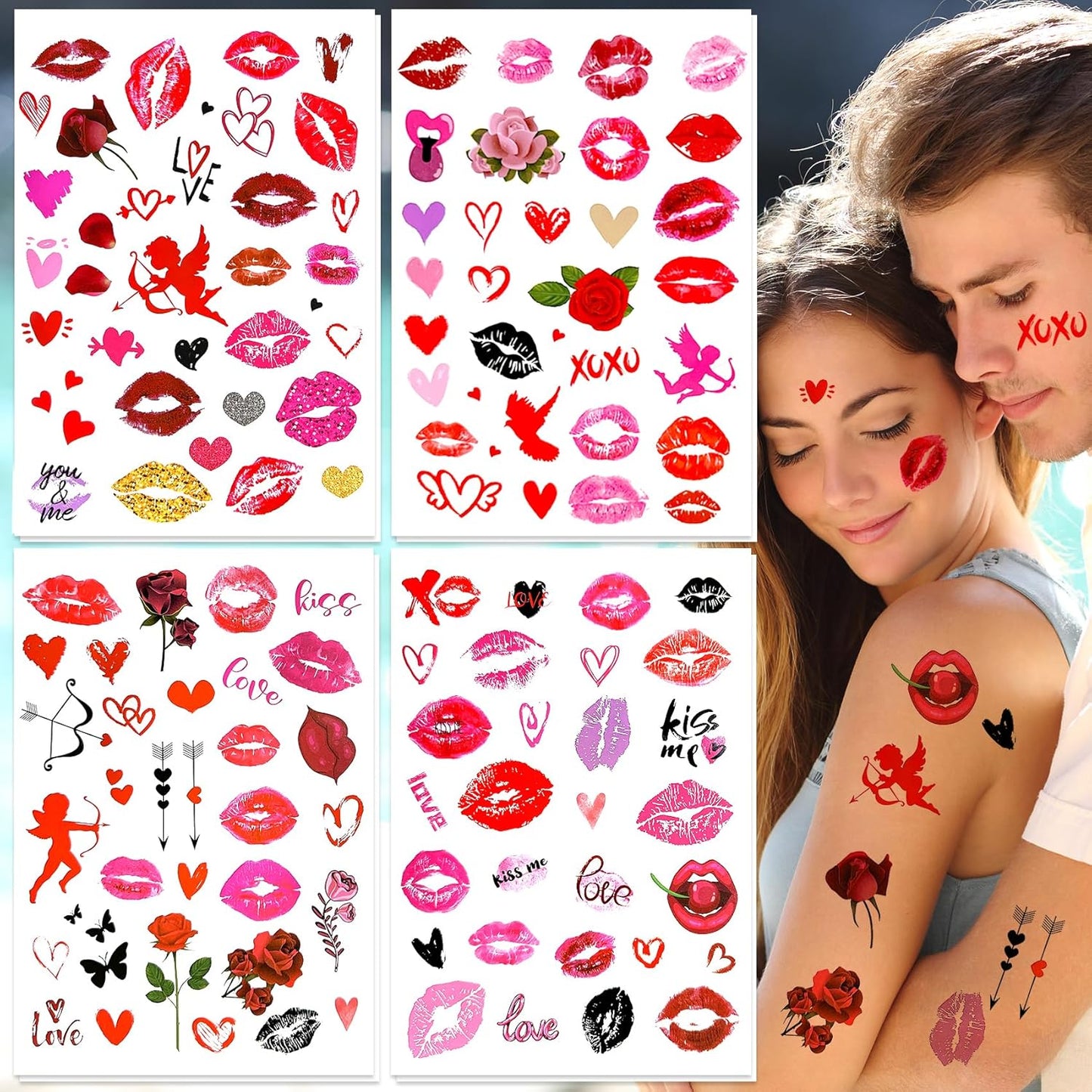 8Sheets Valentine's Day Kiss Tattoos Temporary Red Lips Fake Tattoos Self-adhesive Waterproof Stickers for Adult Women Girls Face Body Decoration