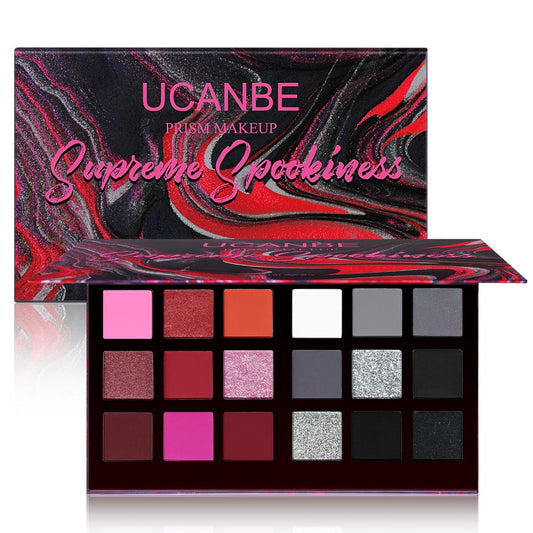 Black Red Goth Smokey Eyeshadow Palette Makeup-18 Colors Gray Silver Pink Burgundy Matte Shimmer Metallic Dark Eye Shadow Pallet for Christmas Halloween Clown Vampire Joker SFX Cosplay Costume Make Up