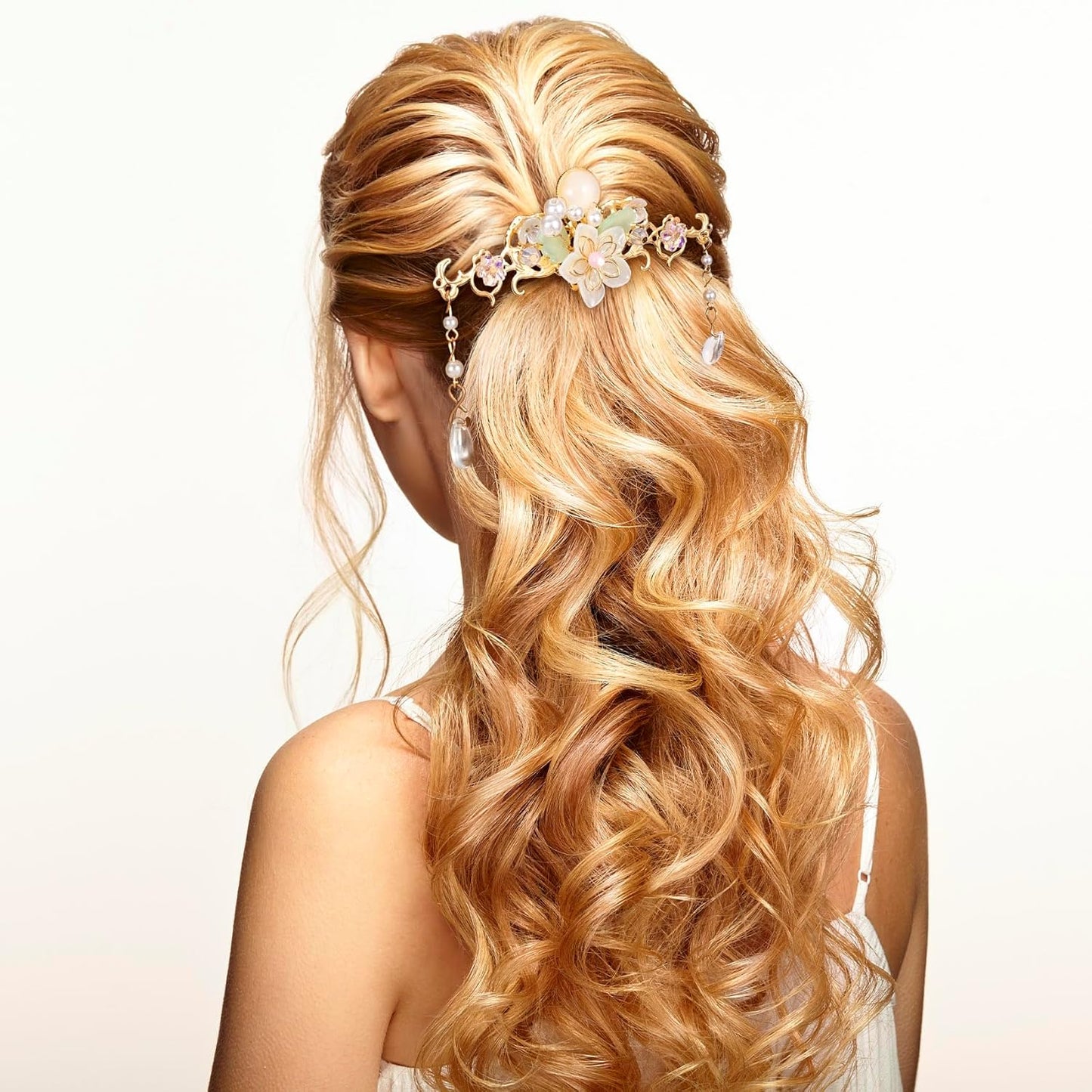 5PCS Orchid Flower Tassels Hairpin, Crystal Rhinestone Pearl Hair Clips Headpiece Retro Chinese Hanfu Floral Wedding Brides Hair Accessories Jewelry for Women Girls Updo Long Hair