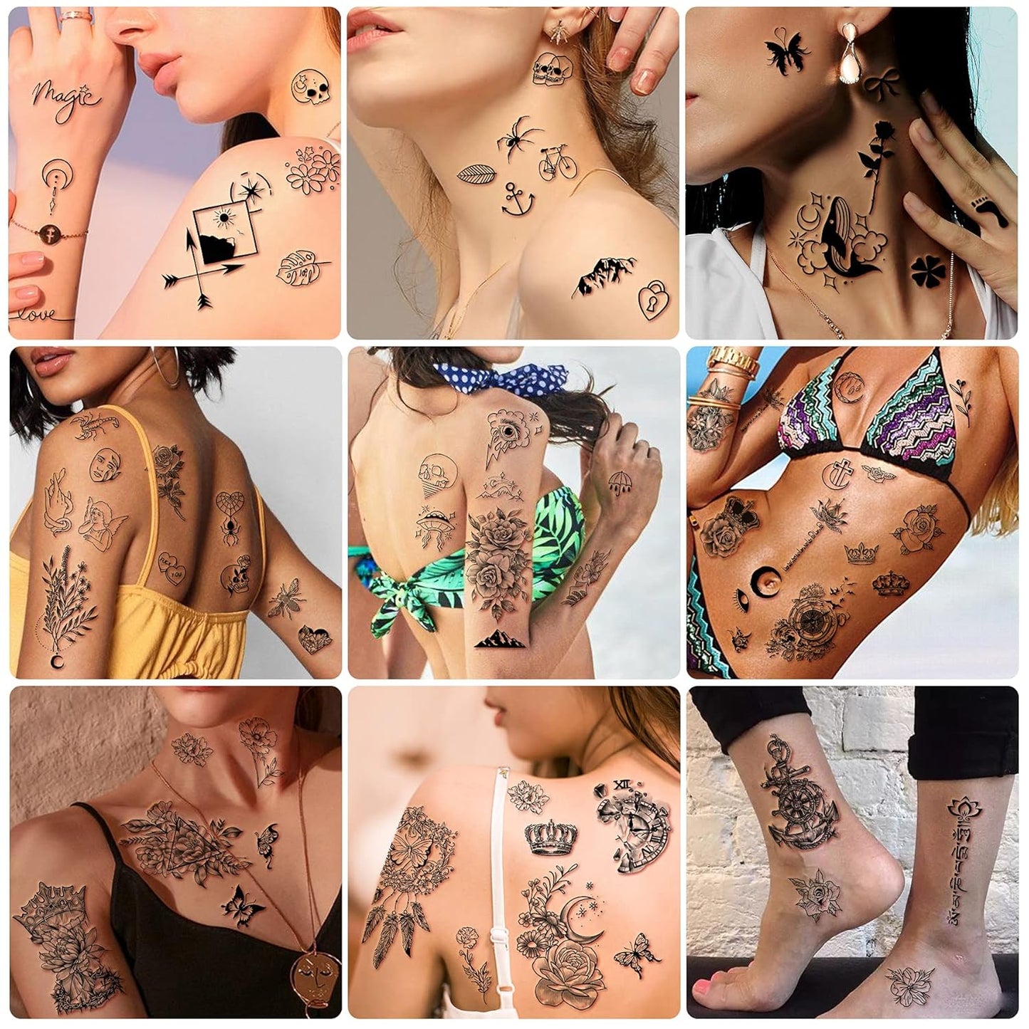 Yazhiji 49 sheets Large Flowers Butterfies Crown Waterproof Temporary Tattoos for Women and Girls,Fake Tattoos for Kids or Adults Body Make Up Tattoo