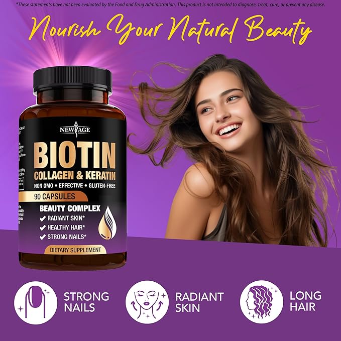 NEW AGE Biotin Collagen Keratin Hyaluronic Acid - 50,000mcg Hair Growth Vitamins for Men and Women, Nails, Hair, Skin Vitamins and DHT Blocker with Vitamin E Folic Acid Pumpkin Seed MSM- 270 Count