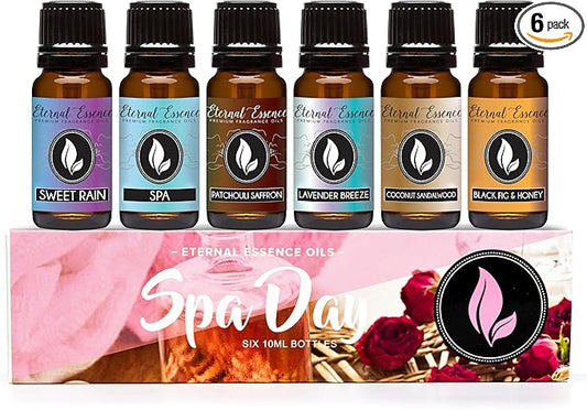 Eternal Essence Oils Spa Day Set of 6 Premium Fragrance Oils - Includes Lavender Breeze, Sweet Rain, Coconut Sandalwood, Black Fig & Honey, Patchouli Saffron, and Spa Scented Oils - 10ML