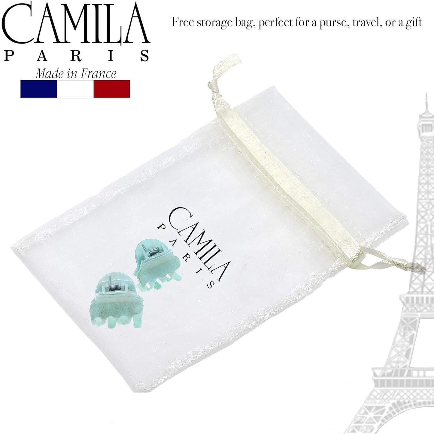Camila Paris CP3088 French Hair Clip for Women, Set of 2 Small Mint Girls Hair Claw Clips Fashion Durable Hair Accessories for Women, Luxury Ladies Strong Hold No Slip Grip Clamp, Made in France