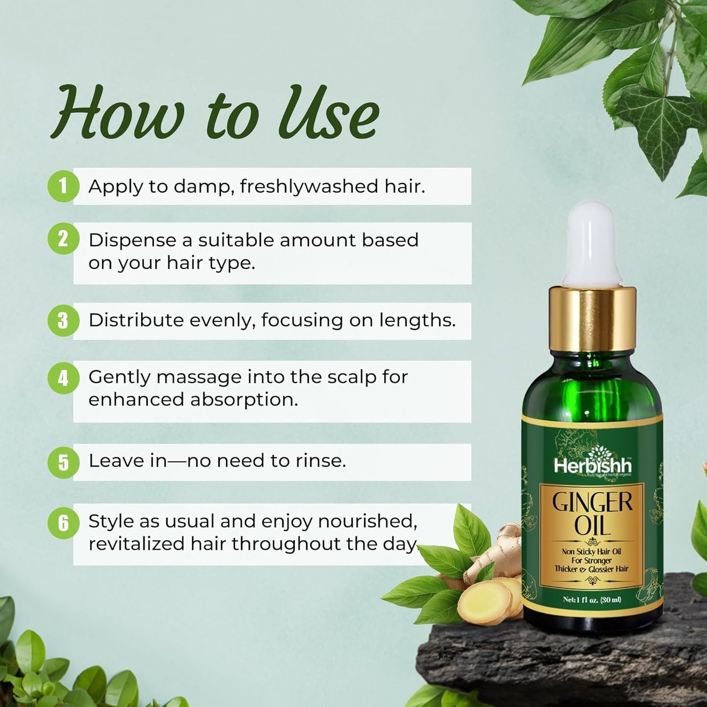 Herbishh Ginger Hair Oil - Fast Thickening and Regrowth Serum for Dense Hair - Best Compact 30ml Care Product for Women & Men