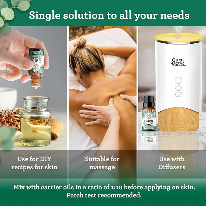 GuruNanda Eucalyptus Essential Oil (2x0.5 Fl Oz) - 100% Pure & Undiluted Aromatherapy Oil for Diffusers - Helps with Congestion for Easier Breathing