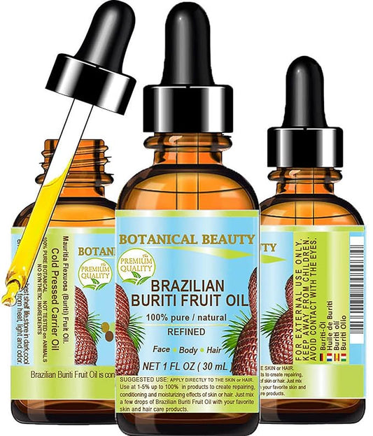 Botanical Beauty Brazilian BURITI FRUIT OIL 100% Pure Natural Refined Cold Pressed Carrier Oil Undiluted 1 fl.oz- 30 ml for Face, Skin, Body, Hair, Nails