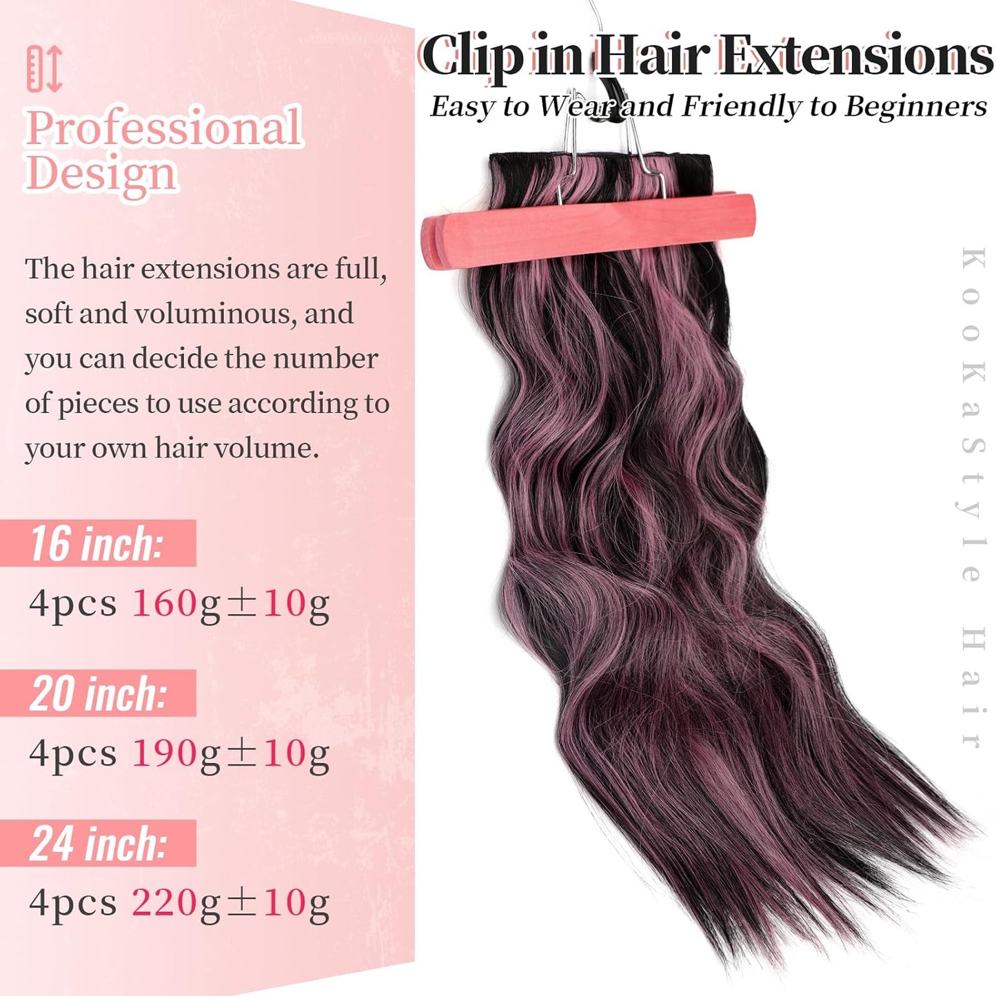 KooKaStyle Clip in Hair Extensions 4PCS Long Wavy Natural & Soft Hairpieces for Women 20 Inch for Women(Natural Black Pink)