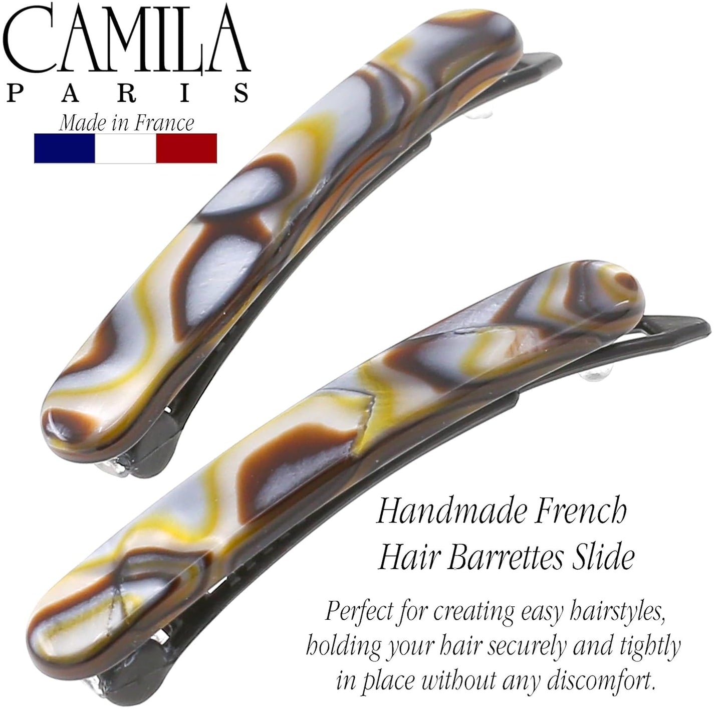 Camila Paris CP3377 French Hair Barrettes Clips for Women, Handmade Onyx, Girls Side Slide-in Barrette Clip, Hair Accessories for Women. Strong Hold No Slip Grip Durable and Styling, Made in France