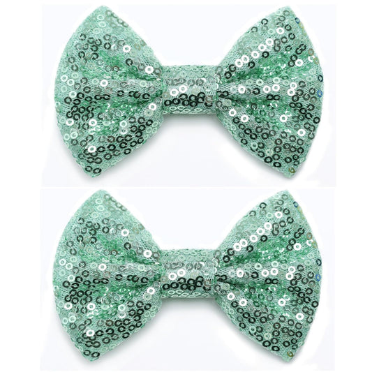 KISZU 4 Inch Sequin Glitter Hair Bows Clips, Sparkling Bling Little Bow HairPins Hair Accessories for Baby Girls Kids Children Teens and Women (Green)