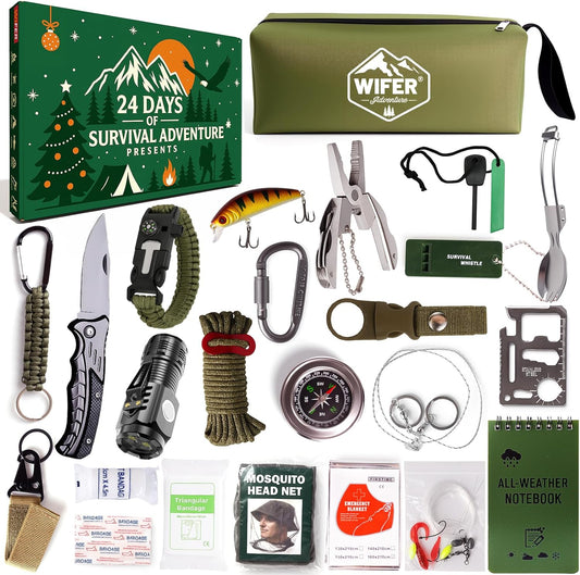 Survival Kit Advent Calendar 2025 for Men – 24 Days Christmas Countdown Survival Tools for Adult Teen, Xmas Holiday Surprise Gifts for Outdoor Enthusiasts, Camping, Fishing, Hunting, Hiking