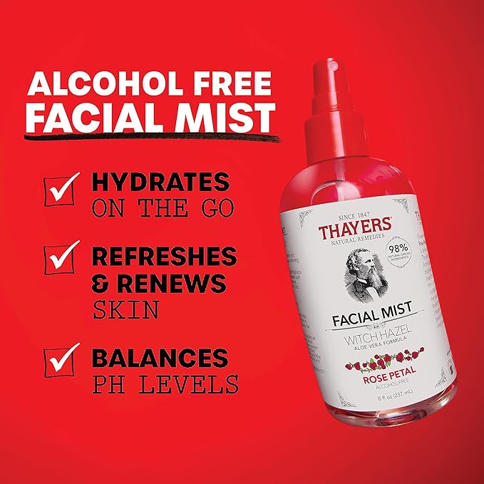 Thayers Alcohol-Free Witch Hazel Facial Mist Toner with Aloe Vera, Rose Petal, Soothing and Hydrating, For All Skin Types, 8 oz