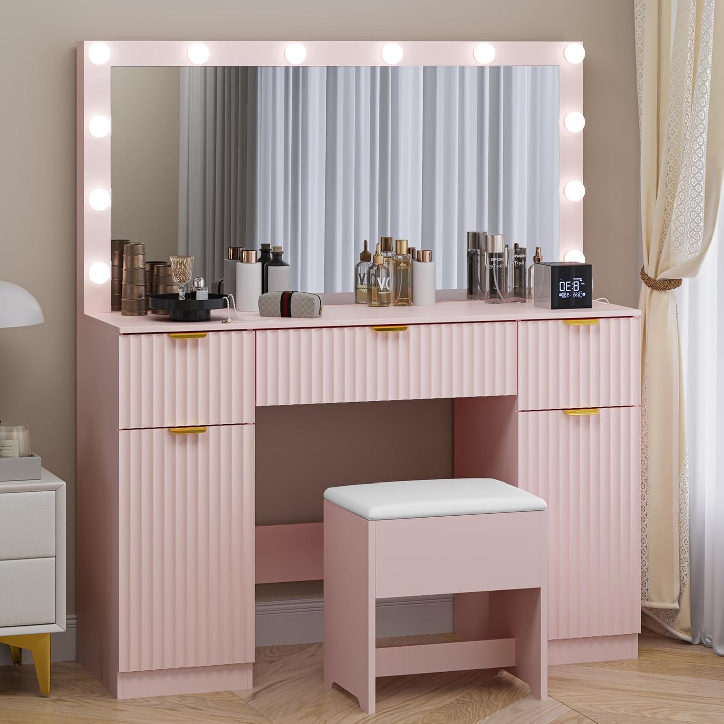 Fluted Makeup Vanity with Large Lighted Mirror and Chair, 7 Drawer Dressing Table with Power Outlet and USB, Elegant Vanity Desk with Cushioned Stool for Bedroom, Women, Girls