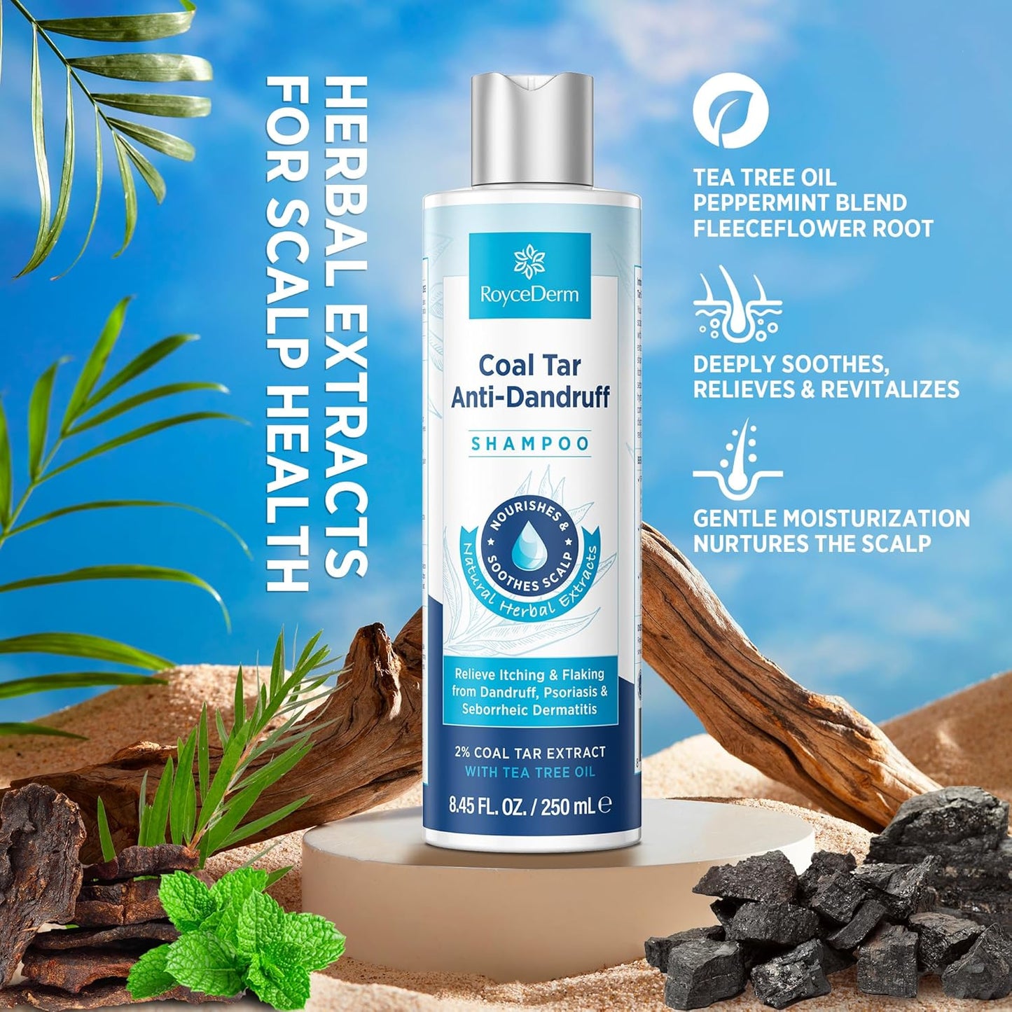 RoyceDerm Coal Tar Dandruff Shampoo: Extra Strength 2% Coal Tar Extract Medicated Gel for Rapid Scalp Hair Relief targets dandruff, psoriasis, and seborrheic dermatitis - Hydrating & Natural Fragrance