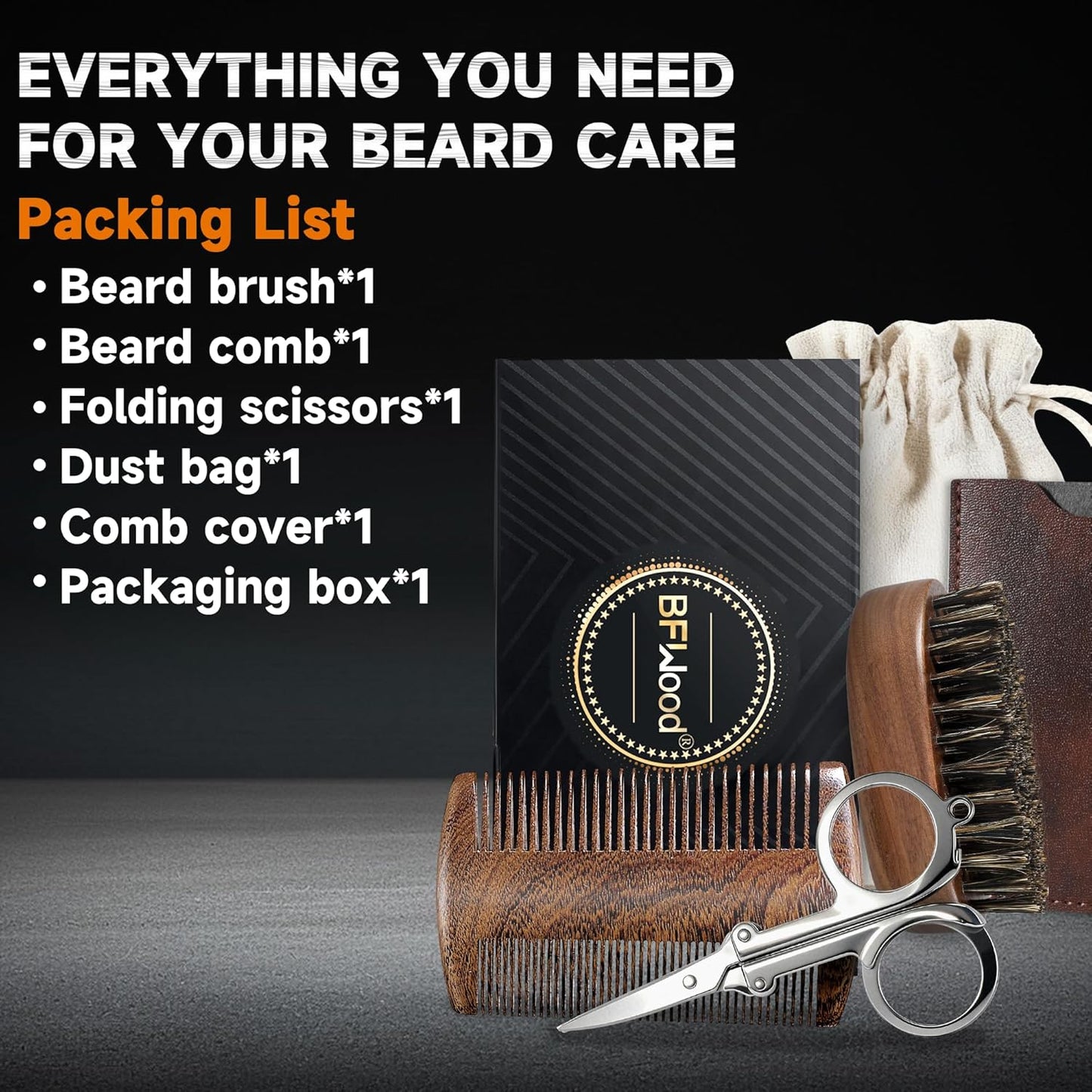 BFWood Mens Beard Brush Comb Kit: Small Travel Beard Set - Natural Boar Bristles With Black Walnut Wood, Grooming Sandalwood Mustache Comb, Mustache Trimming Sissors With Storage Bag