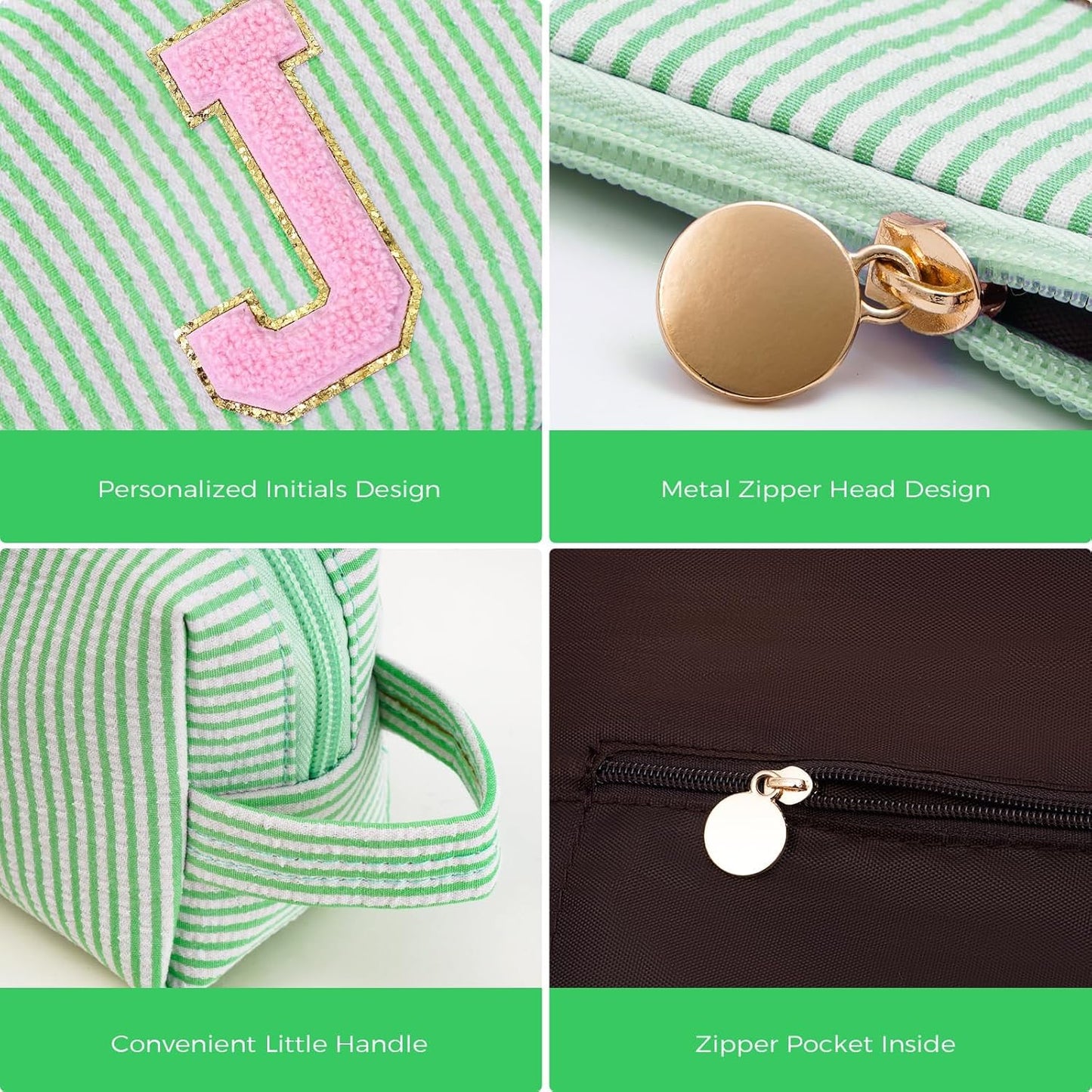 Monogrammed Gifts for Women - Cosmetic Bag for Teen,Initial Cute Makeup Bag Set for Women,Trendy Pouch for Niece Sister Friend Female Her,Birthday Gifts for Daughter - Green,J