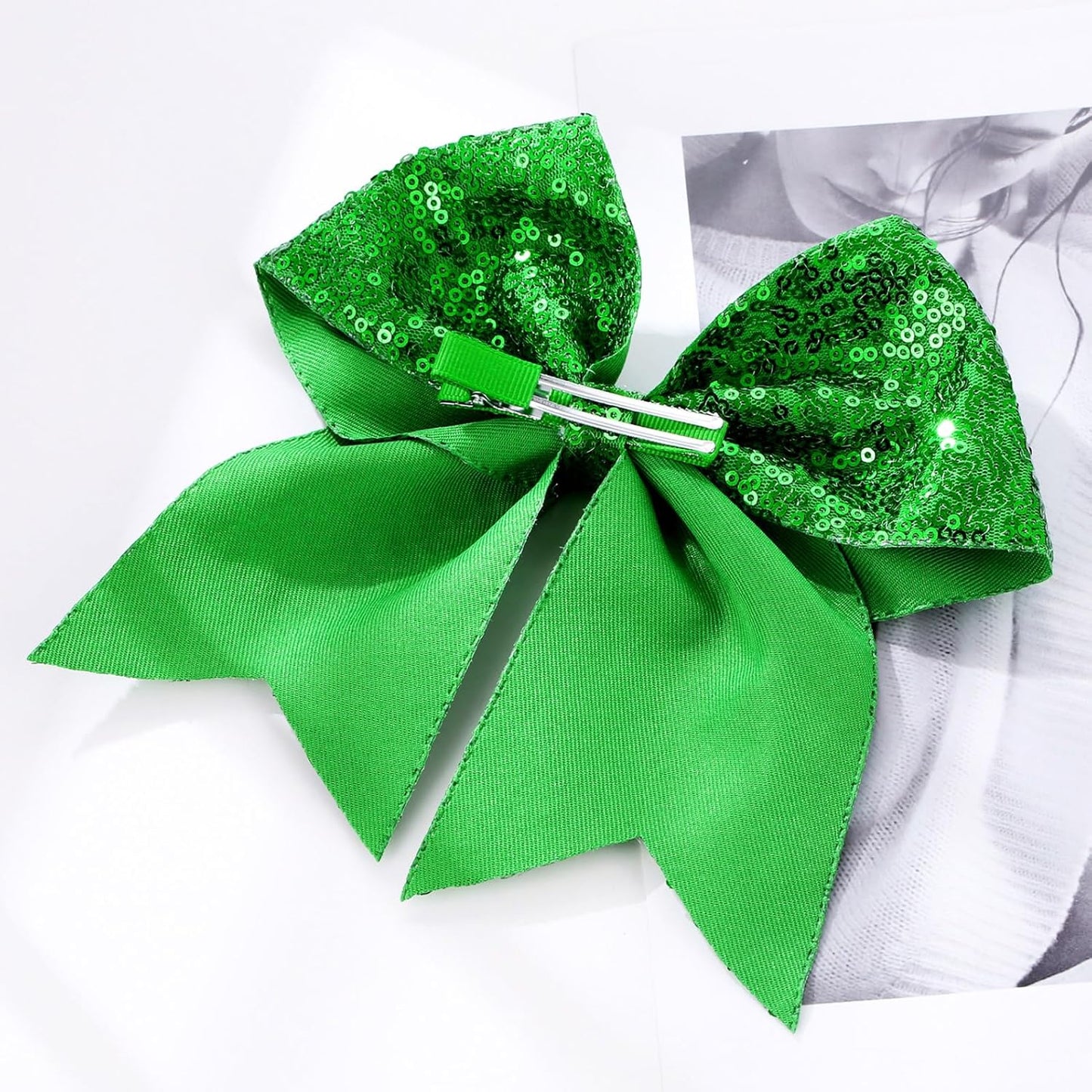 Large Glitter Cheer Bows Clips, Jumbo Big 7 Inch Cheerleading Sequin Hair Bow Hair Accessories for Teens Girls Football Sports Cheerleader Outfit Uniform (Green)