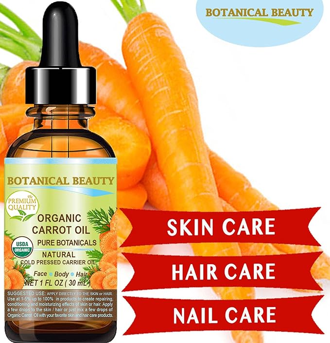 Botanical Beauty Organic CARROT SEED OIL 100% Pure VIRGIN UNREFINED Undiluted Cold Pressed Carrier Oil 2 Fl.oz.‐ 60 ml. for Face, Skin, Body, Hair, Lip, Nails. Rich in Beta Carotene, Vitamin E