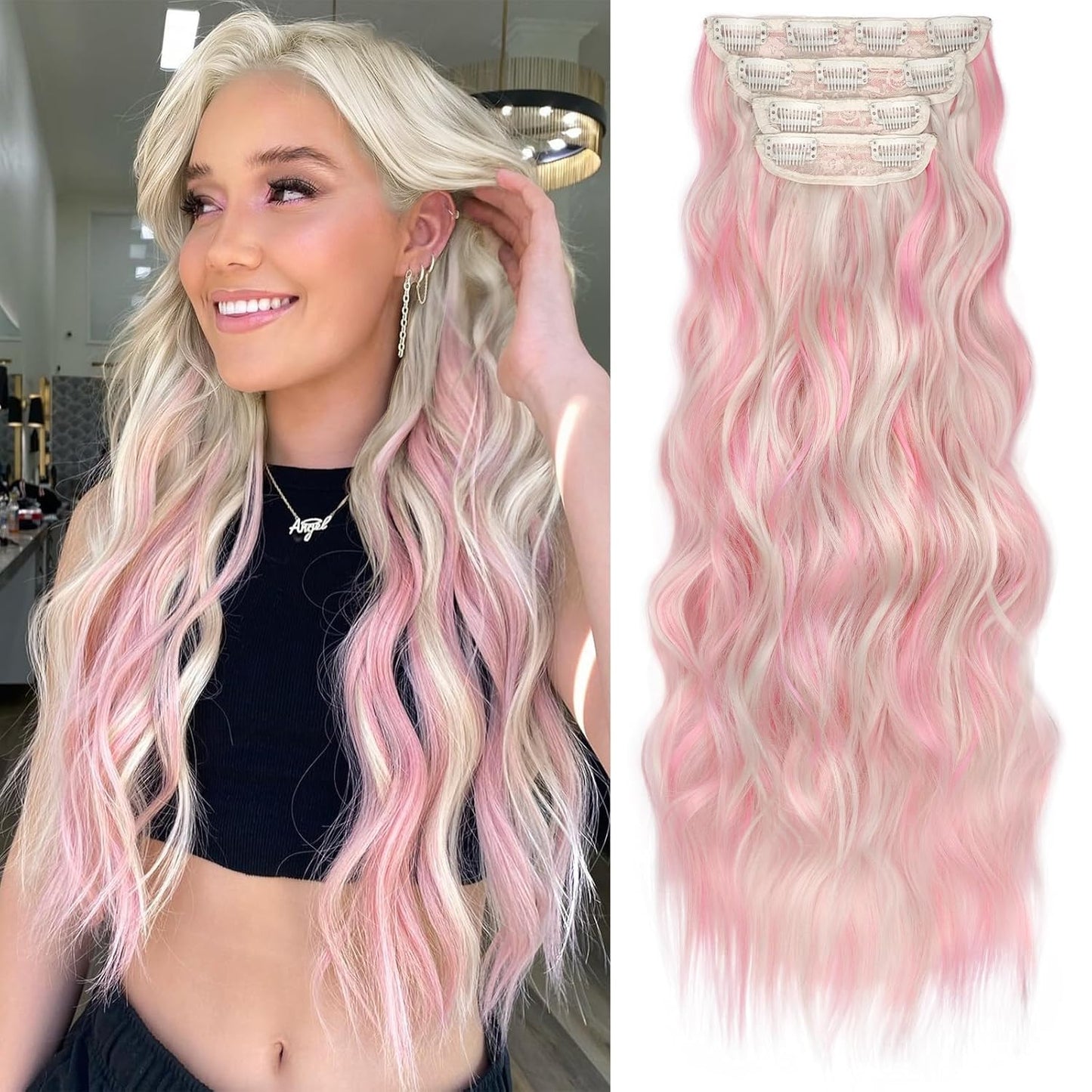 KooKaStyle Clip in Hair Extensions 4PCS Long Wavy Natural & Soft Hairpieces for Women 24 Inch for Women(Blonde with Pink Highlight)