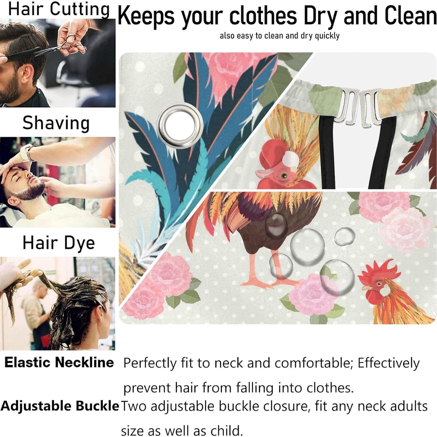 visesunny Barber Cape Cute Rooster Rose Polyester Hair Cutting Salon Cape Apron Anti-Static Haircut Water-Resistant Shaving Cloth Beard Shaving Bib Hairdressing Cape