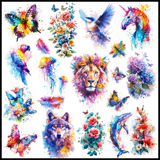 CHARLNET 3D Watercolor Temporary Tattoos For Women Men - 9 Sheets Large Realistic Watercolor Flower Lion Tiger Horse Tattoos for Adults Body Art/Long Lasting/Waterproof