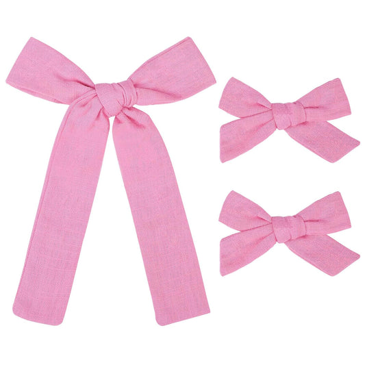 DEEKA Hot Pink Cotton Linen Hair Bows 2 Sizes 5"&3.5" Soft Hair Bow set for Toddler Girls Long Ponytail Knot Bows Alligator Clip Hair Accessories for Little School Girls (Hot Pink)
