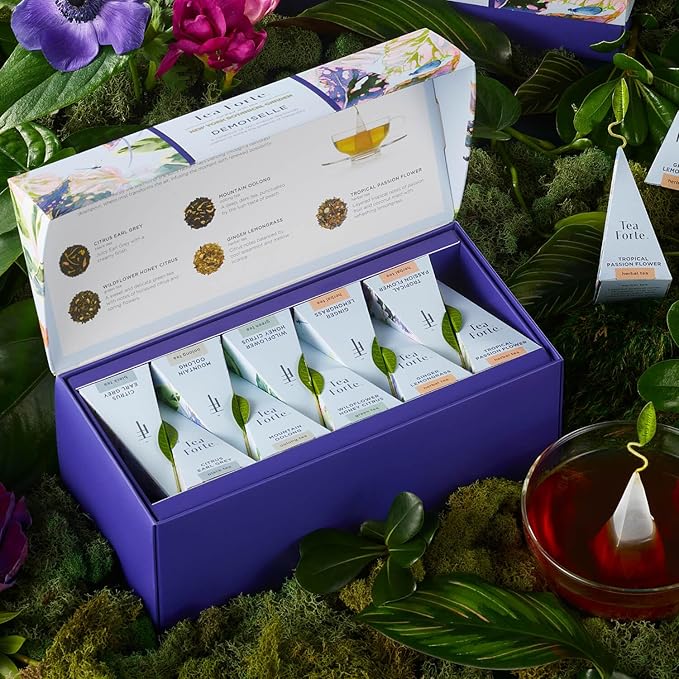 Tea Forte Demoiselle Premium Tea Presentation Box Tea Gift Sampler, 20 Count, 2 of Each Variety Individually Wrapped Handcrafted Pyramid Infuser Bags