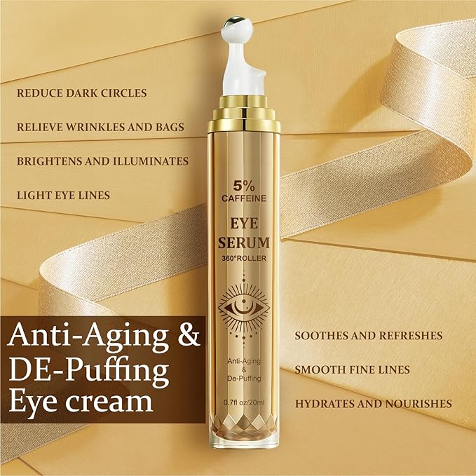 Eye Serum With 5% Caffeine & 5% Retinol For Dark Circles, Puffiness Puffy Bags & Wrinkles Fine Lines,Under Eye Cream Anti Aging Treatment 360° Massage Roller Ball (0.68 Ounce (Pack of 1), Unscented)