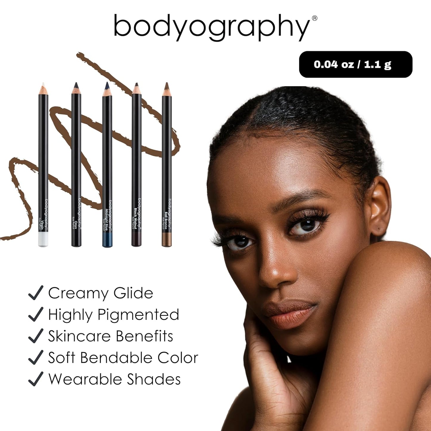 Bodyography Cream Eye Pencil, Black Walnut - Dark Brown Wooden Eyeliner for Eyes & Eyebrows, Long-Lasting Cruelty-Free Coconut Oil Cosmetic Liner