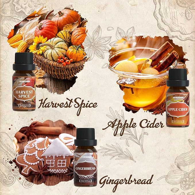 Spice Essential Oils Set, ARVIDSSON Premium Fall Fragrance Oil for Diffuser, Cinnamon, Pumpkin Pie, Harvest Spice, Apple Cider, Gingerbread, Snickerdoodle, Autumn Scented Oils