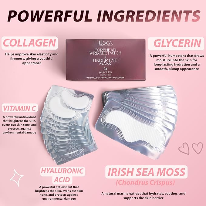 JJ&G's Forehead & Under Eye Anti Wrinkle Patches Bundle | Collagen Irish Sea Moss Vitamin C | Overnight Smoothing Treatment for Wrinkles & Fine Lines | 36 Patches