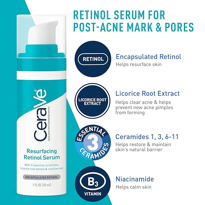 CeraVe Acne Skin Care Set, 5oz Acne Foaming Cream Cleanser + 1oz Resurfacing Retinol Serum + 2oz AM Facial Moisturizing Lotion with SPF 30 + 2oz PM Facial Moisturizing Lotion