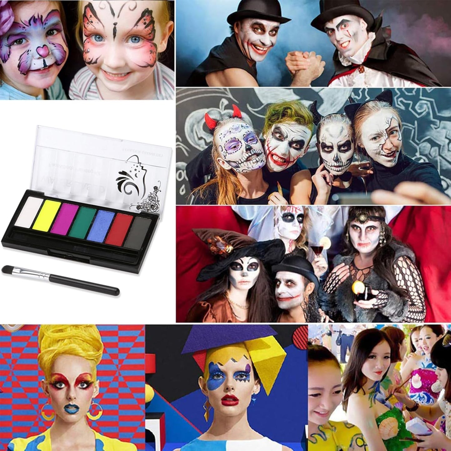 Face Body Paint Kit for Kids Adults,7 Vibrant Colors Water Activated Professional Facepaint with Brush, Non-Toxic for Halloween, Parties, Carnival, School Event, Festivals