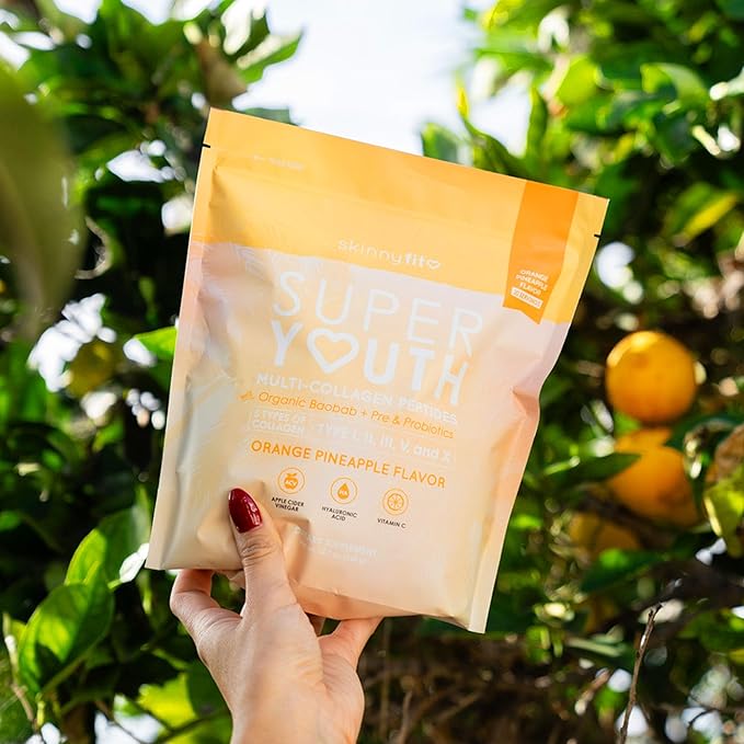 SkinnyFit Super Youth Orange Pineapple Multi-Collagen Peptides + Probiotics, Baobab Fiber, Apple Cider Vinegar, Hyaluronic Acid, & Vitamin C, Skin, Hair, Joint & Metabolism Support, 30 Servings