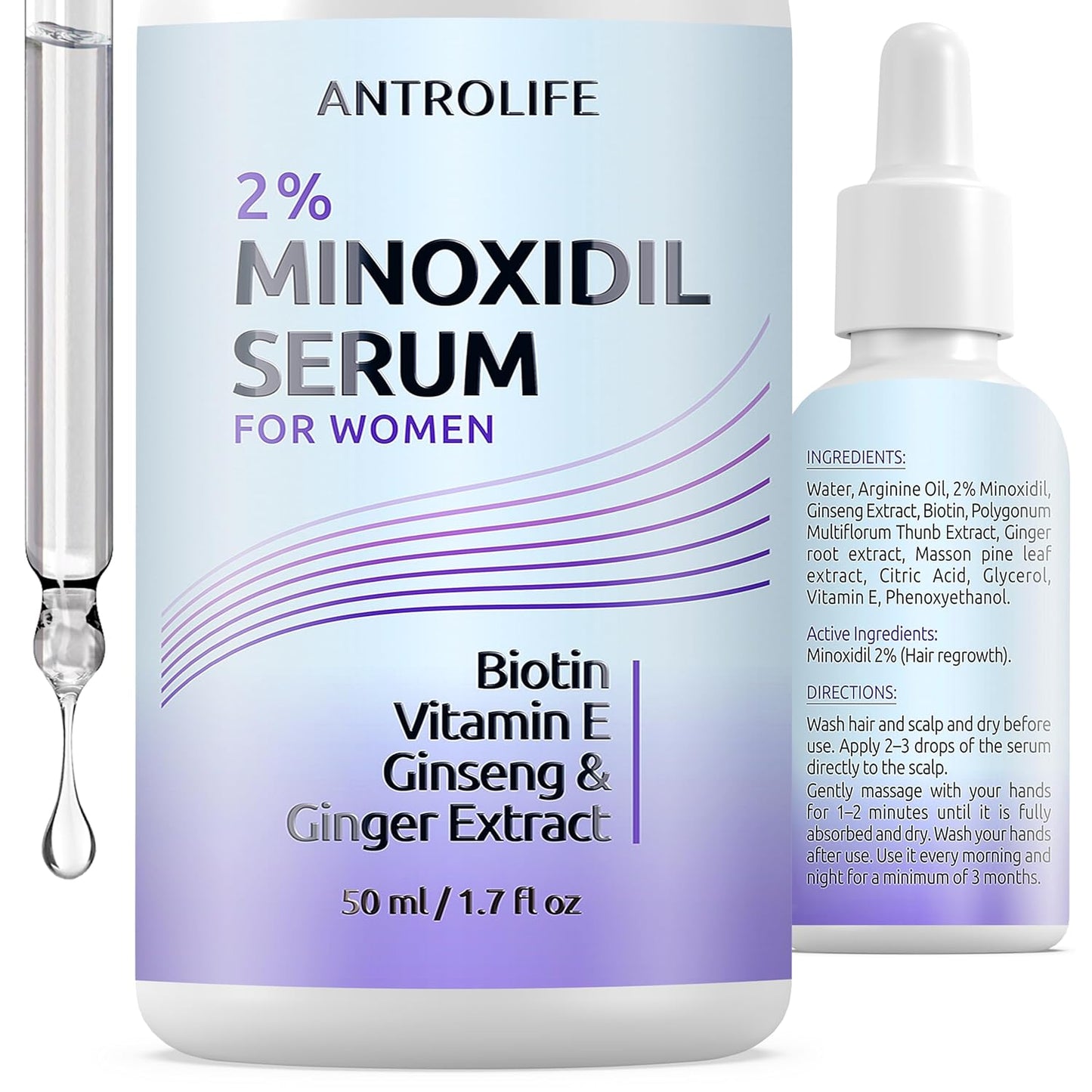 Minoxidil for Women 2% - Hair Growth Serum Women + Vitamin E, Ginseng, Ginger Extract, Biotin Hair Growth Serum - Hair Loss Regrowth & Thickening Treatment Helper