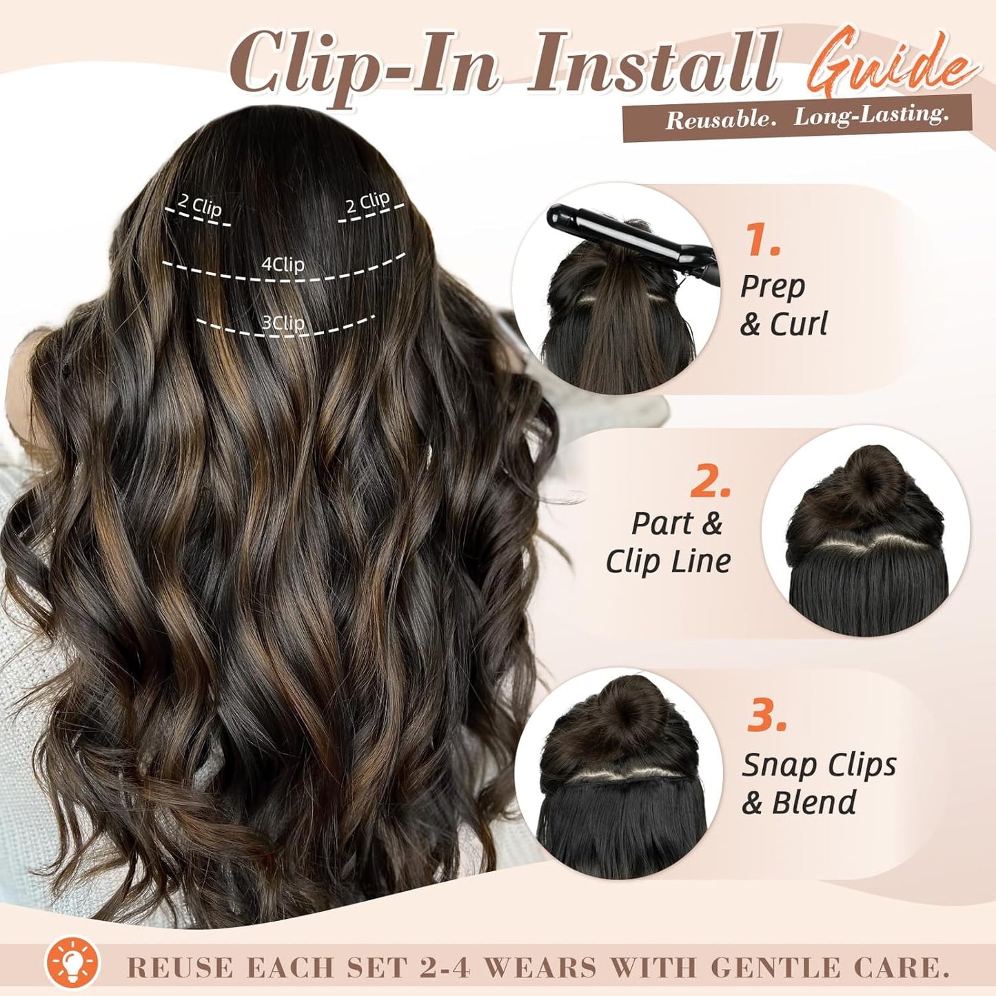 Clip in Long Wavy Synthetic Hair Extensions 16 Inch Black with Caramel Highlights 6PCS Thick Hairpieces Fiber Double Weft Hair for Women