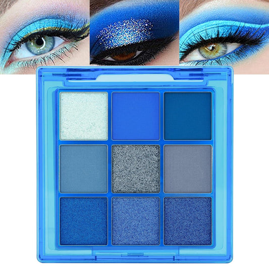 Erinde 9 Colors Dark Light Royal Cobalt Blue Pearl White Glitter Shimmer Eye Shadow Makeup Palette Highly Pigmented Waterproof Matte Glitter Shimmer Daily Party Sparkling Eyeshadow Palett for Girl
