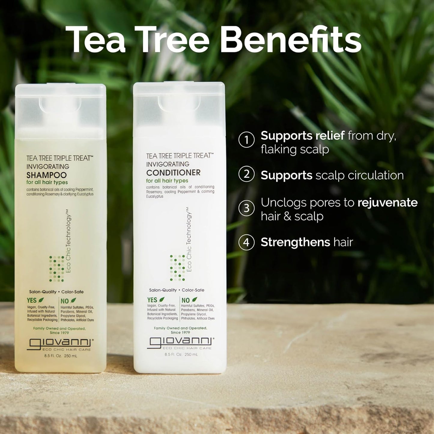GIOVANNI Tea Tree Triple Treat Invigorating Shampoo & Conditioner Set - Cooling Peppermint, Eucalyptus, Rosemary, Helps Dry, Flaky Scalp, Salon Quality, Vegan, Cruelty Free - 8.5 oz Each