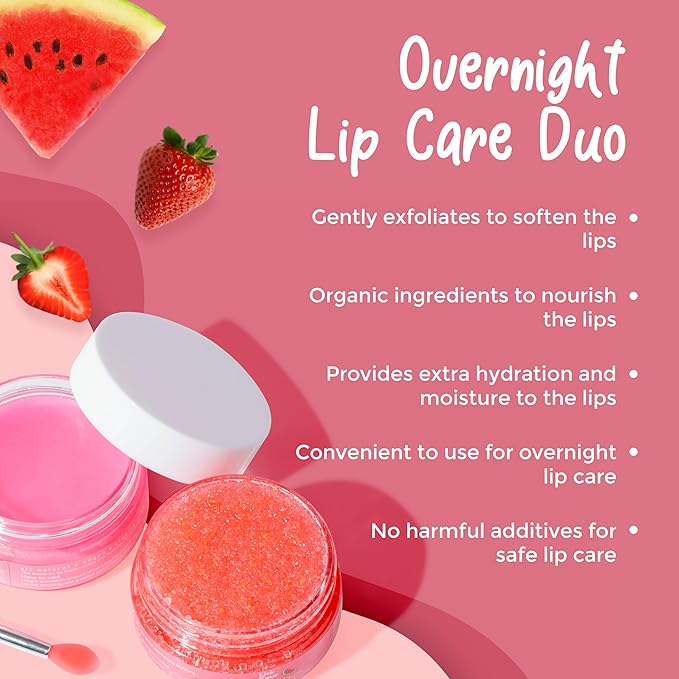 Watermelon Lip Scrub and Lip Sleeping Mask Duo to Exfoliate and Nourish Dry, Lip Scrub and Mask Set for Chapped Lips – Overnight Lip Care Kit to Achieve Soft, Luscious Lips