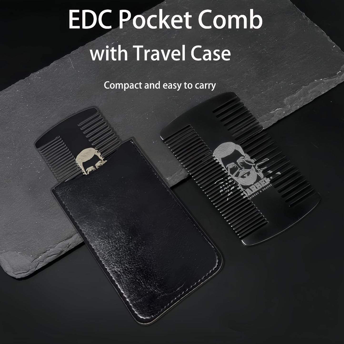 Metal Beard & Mustache Comb for Men - Anti-Static Dual Action - Credit Card Size Stainless Steel EDC Comb, Lice Wallet Pocket, Fine Cutting Teasing Barber Hair Styling - Black