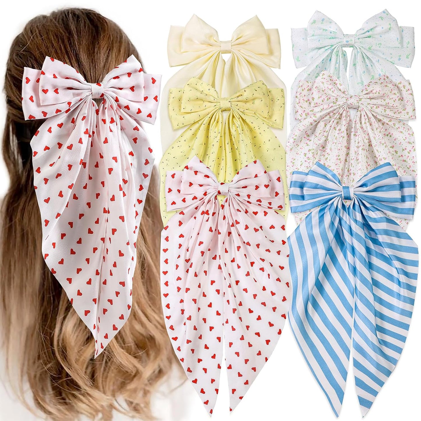 6 PCS Hair Bows for Women, Big Bow Hair Clips for Girls, Silky Satin Hair Bows Clips Oversized Long Tail, Large Cute Aesthetic Hair Accessories, Metal Bow Hair Clips Holiday Gifts