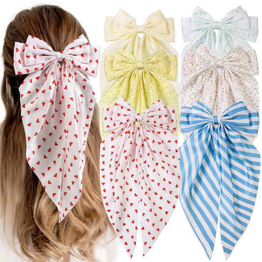 6 PCS Hair Bows for Women, Big Bow Hair Clips for Girls, Silky Satin Hair Bows Clips Oversized Long Tail, Large Cute Aesthetic Hair Accessories, Metal Bow Hair Clips Holiday Gifts