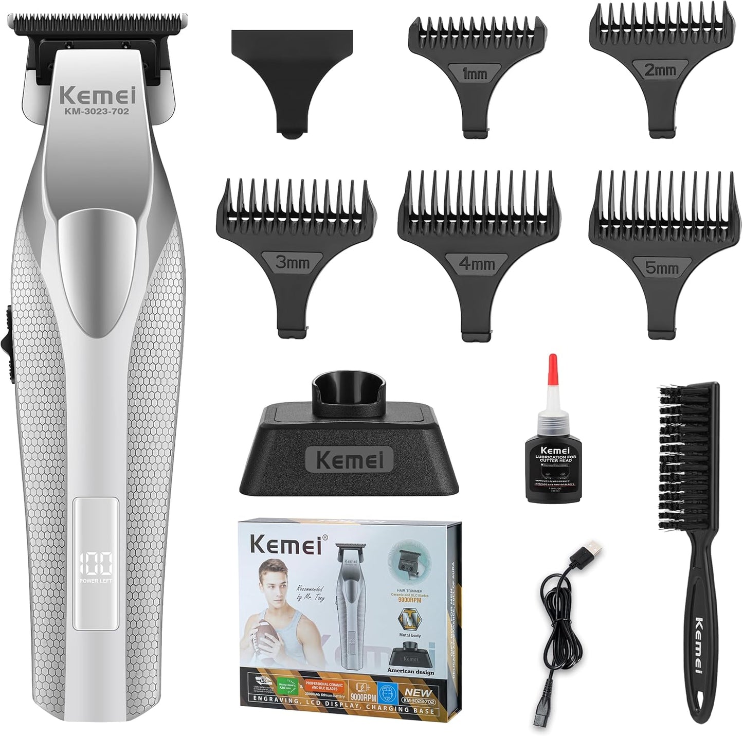 KEMEI 3023-702 Hair & Beard Trimmer for Men, 9000 RPM Zero Gapped Trimmers for Barbers with Full Metal Body, Professional Hair Clippers with LED Display, Ceramic and DLC Blades