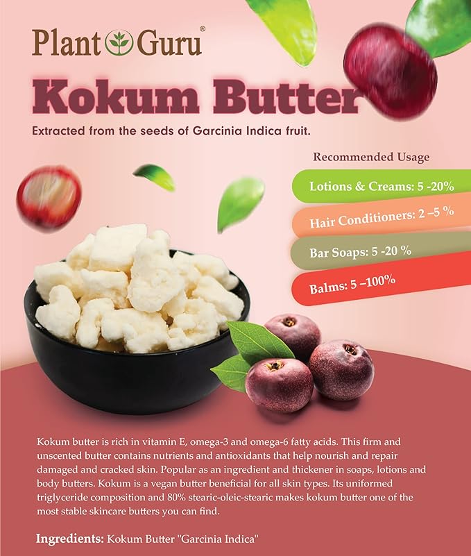 Raw Kokum Butter 8 oz. Bar 100% Pure Natural - Great for Skin, Body and Hair Moisturizer, DIY Creams, Balms, Lotions and Soap Making.