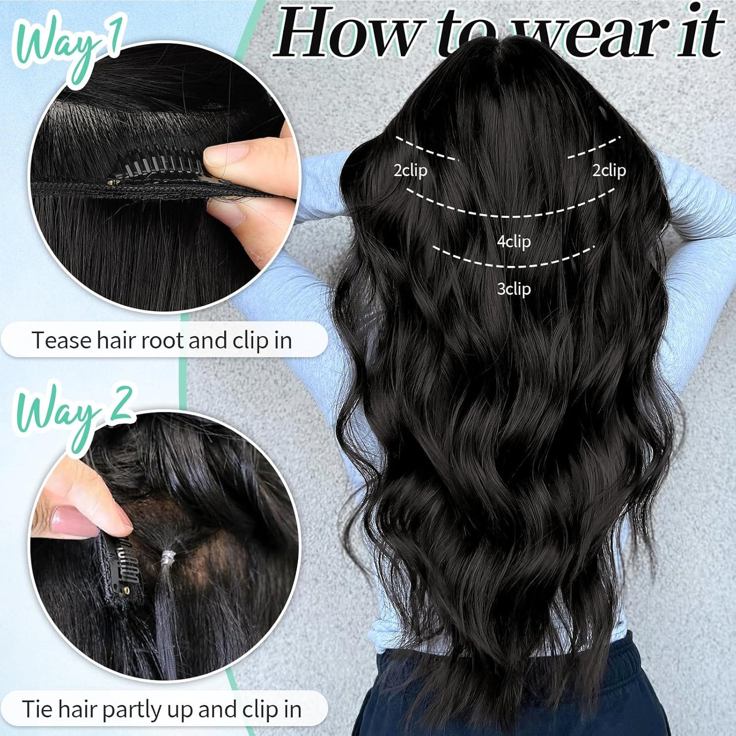 KooKaStyle Clip in Synthetic Hair Extensions Long Wavy 4PCS Thick Hairpieces Brunette Brown Fiber Double Weft Natural Hair Extensions 16 Inch for Women