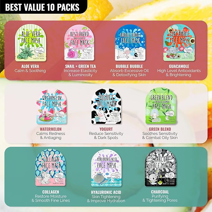 NATURAL Korean Sheet Mask (10 pcs set) made with Premium Tencel, Hydrating Face Masks, Face Sheet Mask, Korean Face Mask Skin Care For Women, Teen, Girls, Mens, Beauty Mask, Spa face Masks for a Youthful K-Beauty Glow